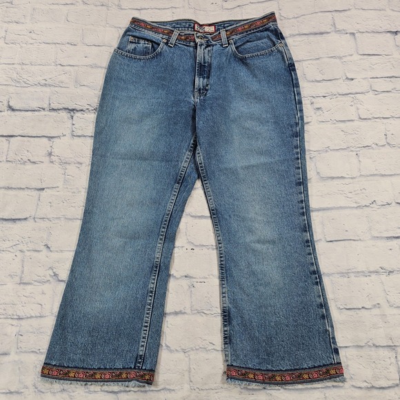Old Navy Denim - Old Navy Blue Jeans Womens 12 Medium Floral Embroidered Trim Wide Leg VINTAGE
